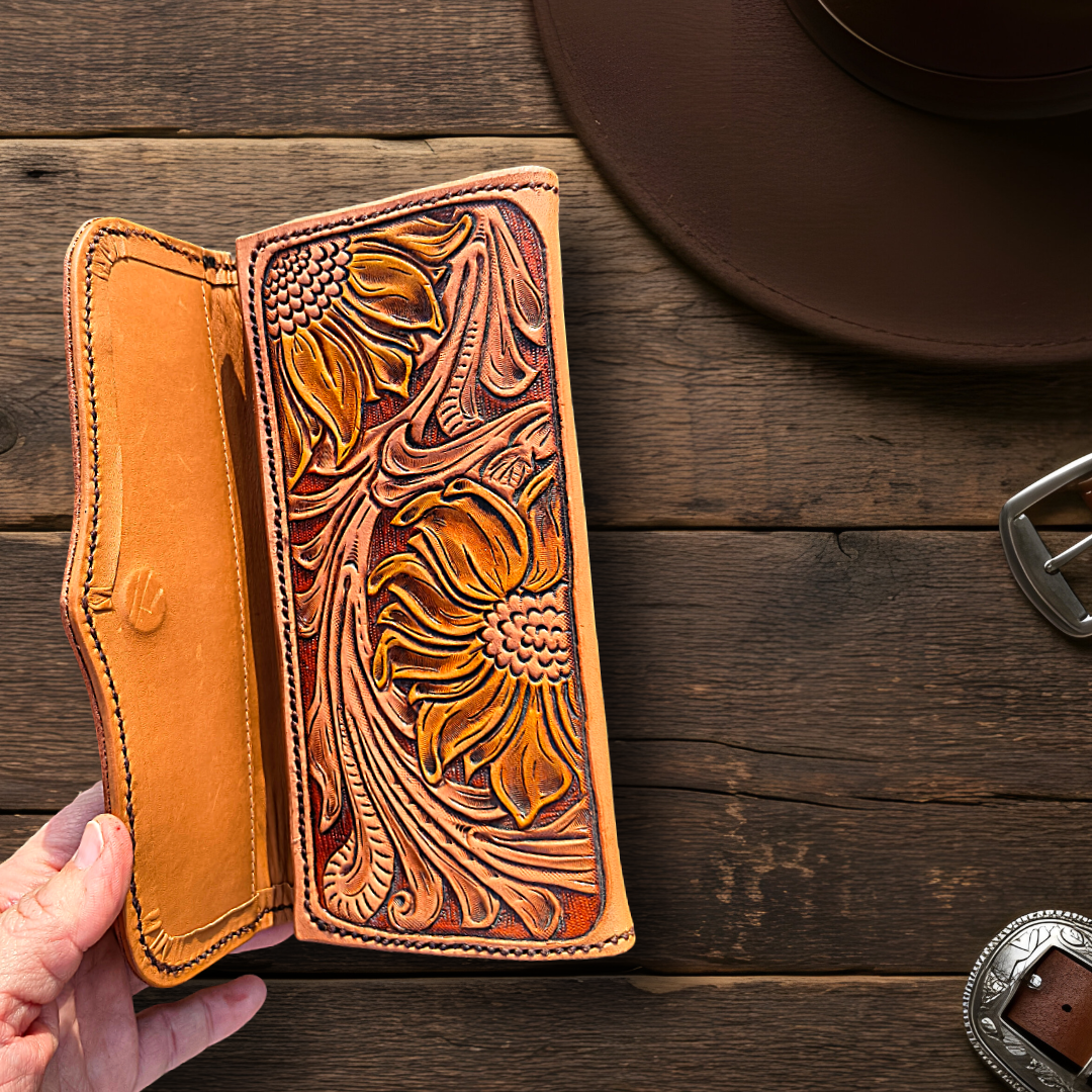 Sunflower Tooled Leather Clutch Wallet