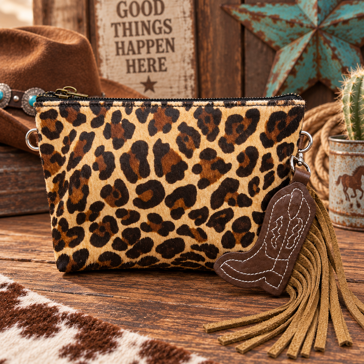 Wild West Leopard Leather Wristlet