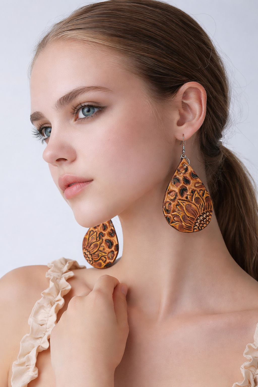 Sunflower & Leopard- Tooled Leather Earrings