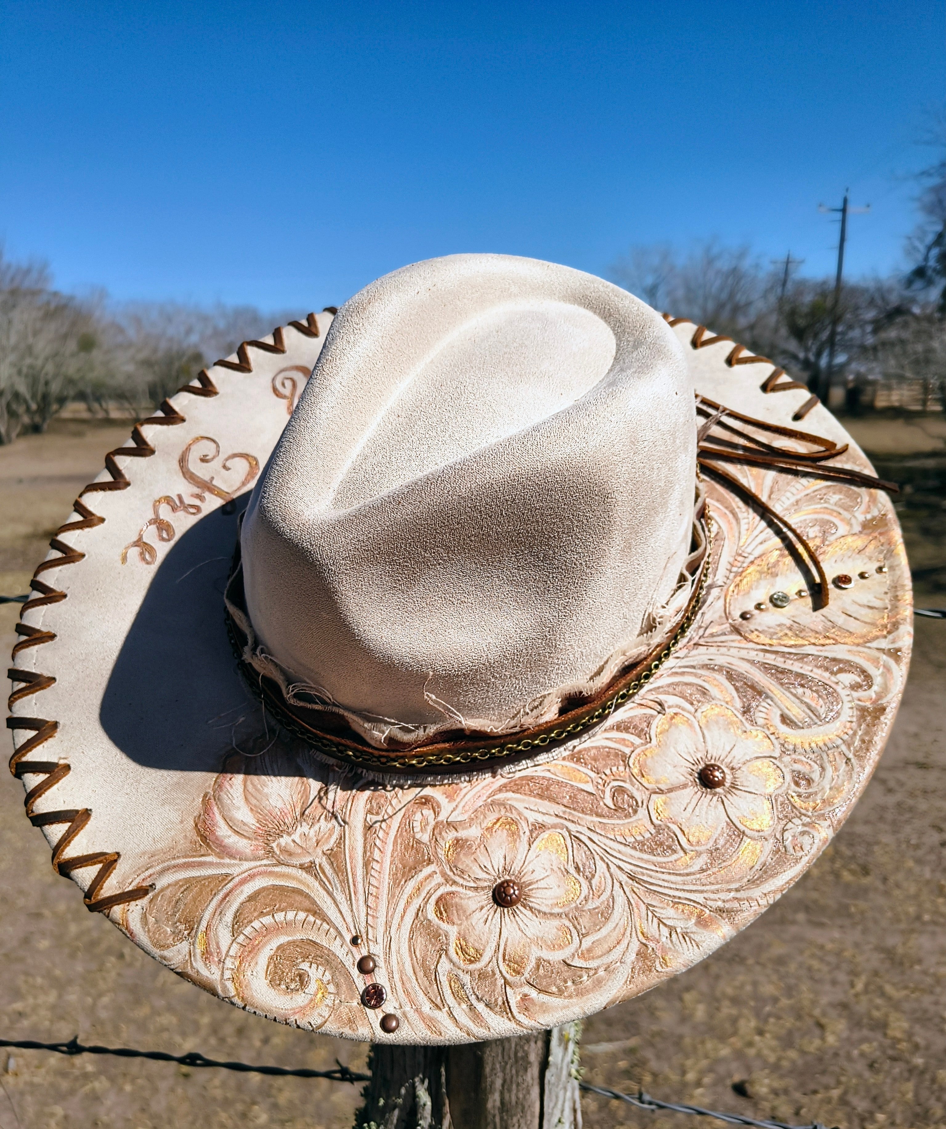 Wild & Free - Hand Burned and embellished Rancher Hat.
