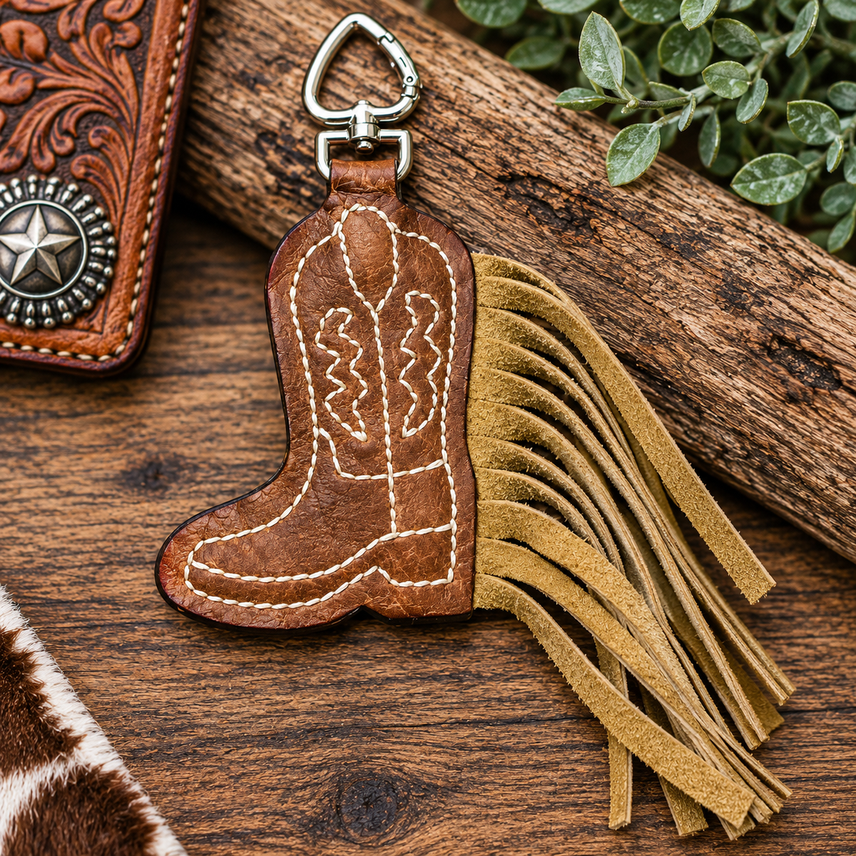 Tri Color Hair on Hide/Boot Stitched Cowboy Boot - Purse Charm