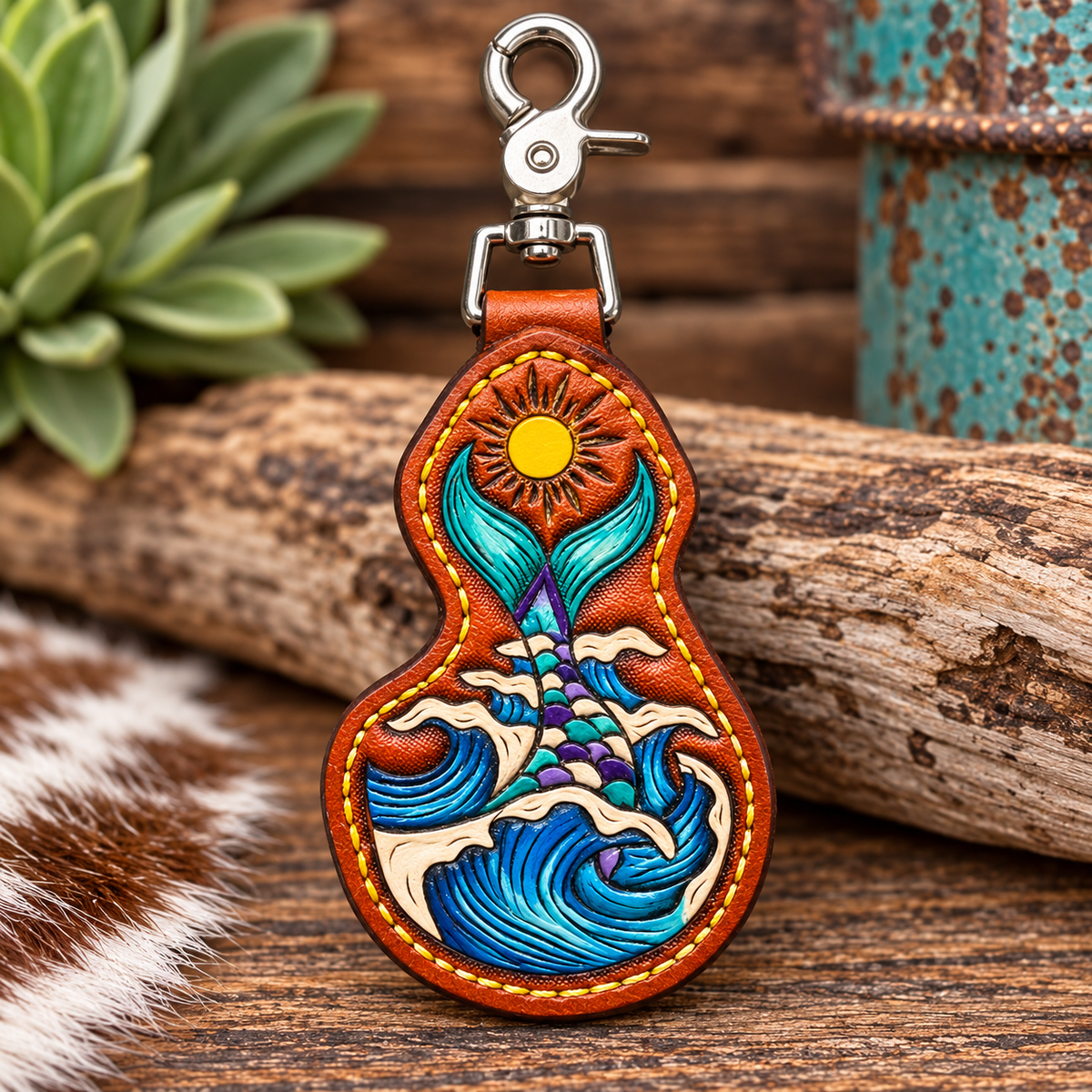 Mermaid Tail - Tooled Leather Keychain