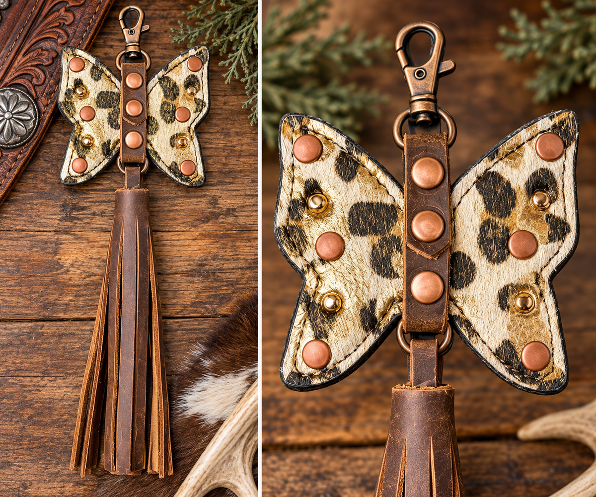 Butterfly Purse Charm - Acid Wash Metallic Cheetah Hair on Hide (Version 2)