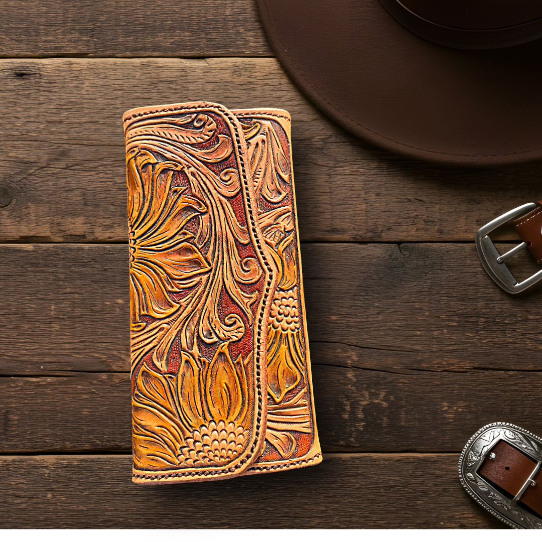 Sunflower Tooled Leather Clutch Wallet
