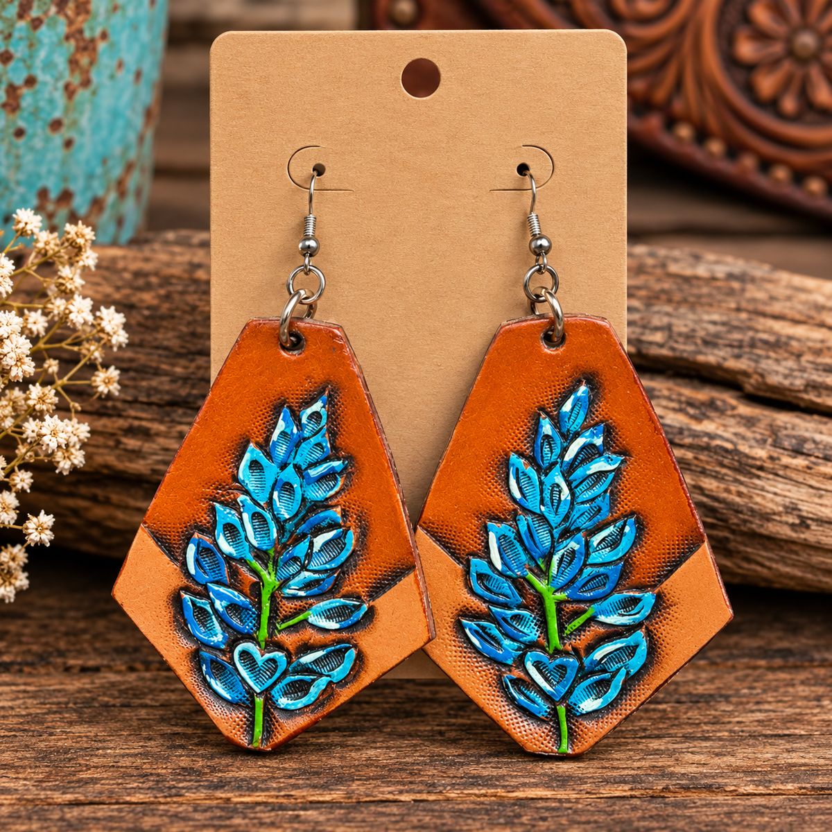 Bluebonnet Babe - Hand Tooled Earrings