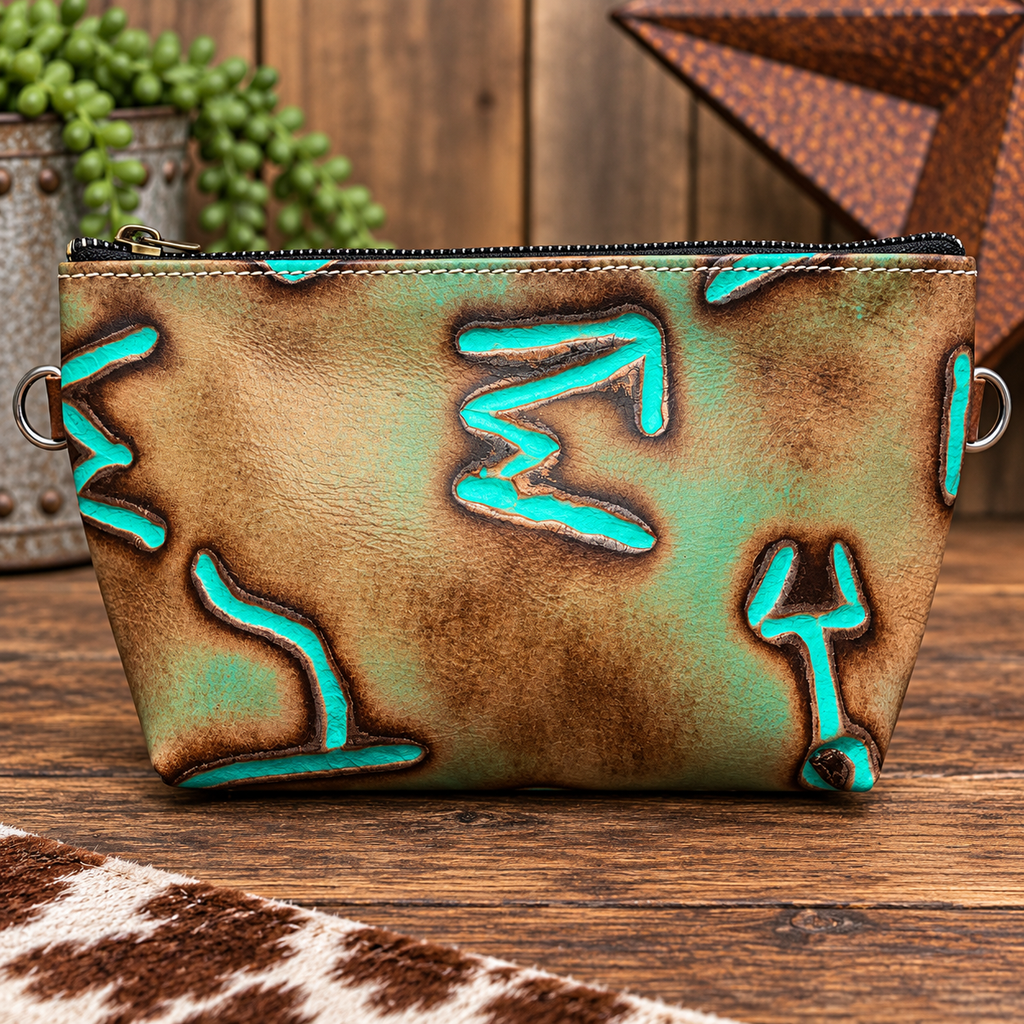 Metallic Turquoise and Silver Cattle Brand and Boot Stitch Wristlet