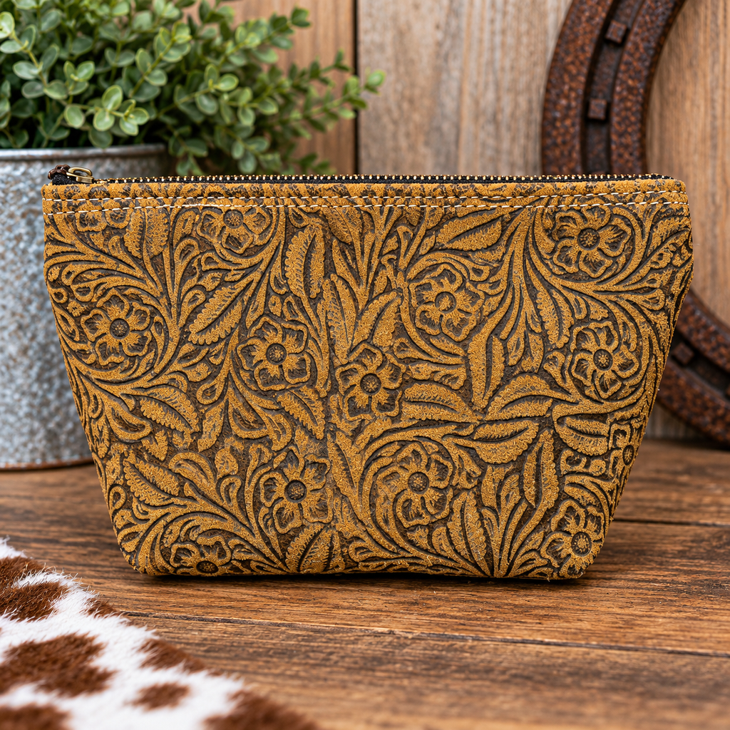 Embossed Suede Boot Stitch Makeup Bag