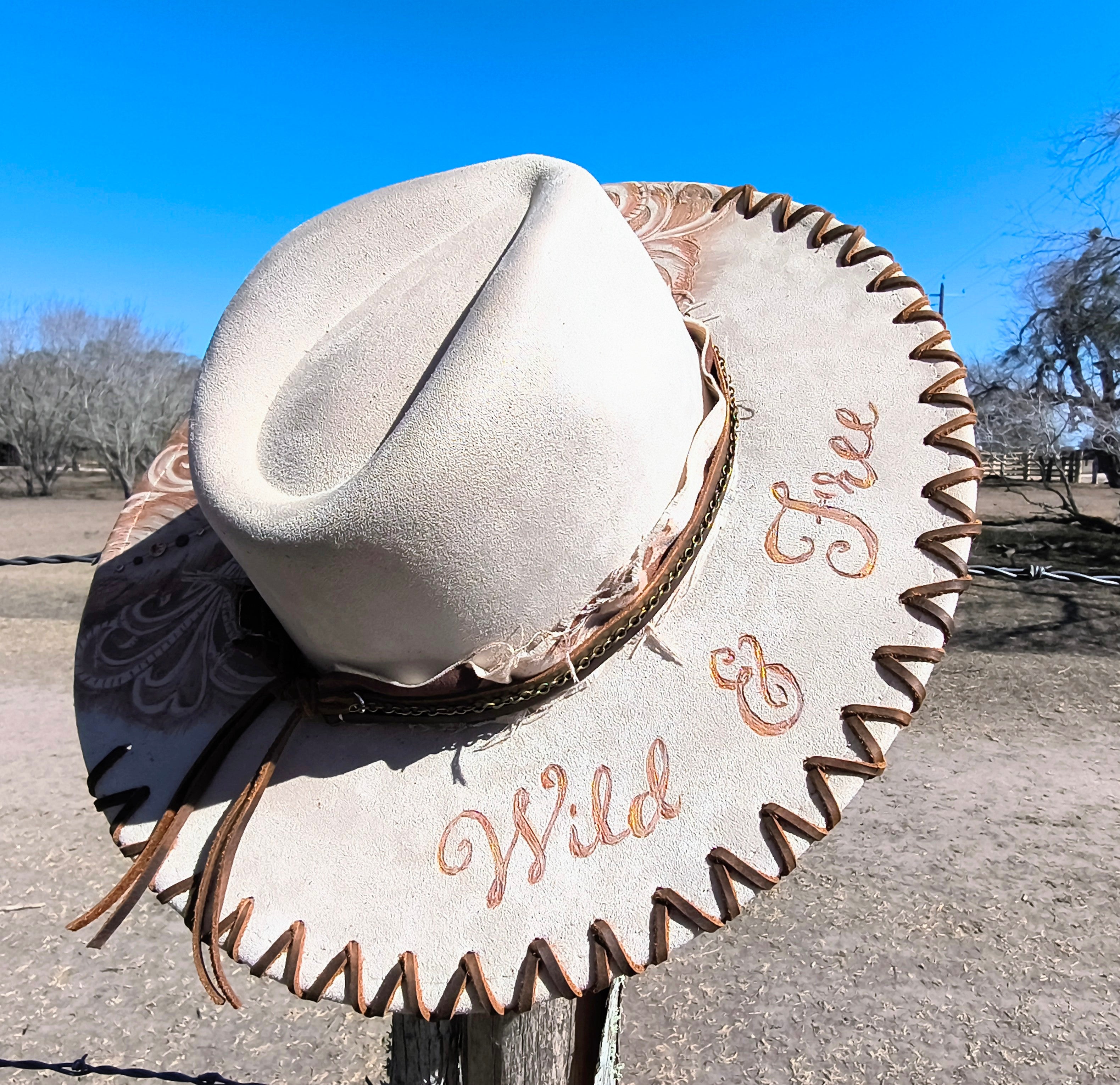 Wild & Free - Hand Burned and embellished Rancher Hat.