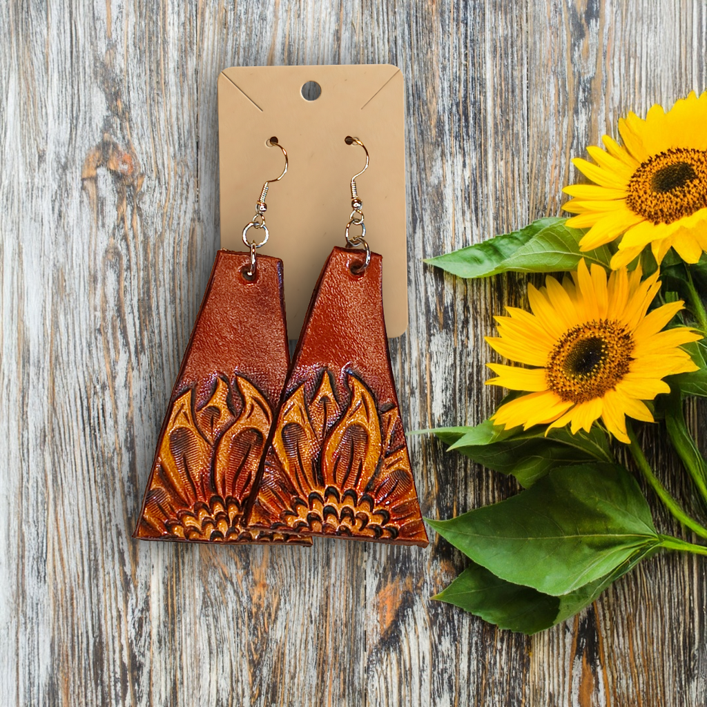 Sunflower - Tooled Leather Earrings