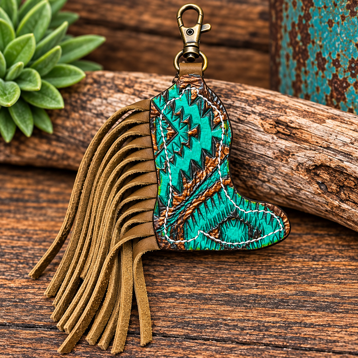 Turquoise/Bronze Aztec Boot Stitched Fringe - Purse Charm