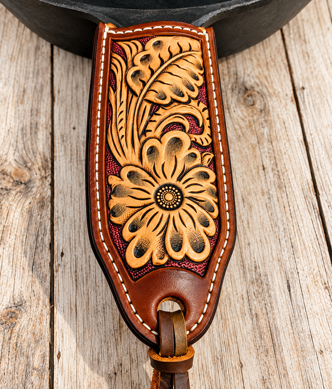 Pink Background Floral - Hand Tooled Leather Cast Iron Pan Holder