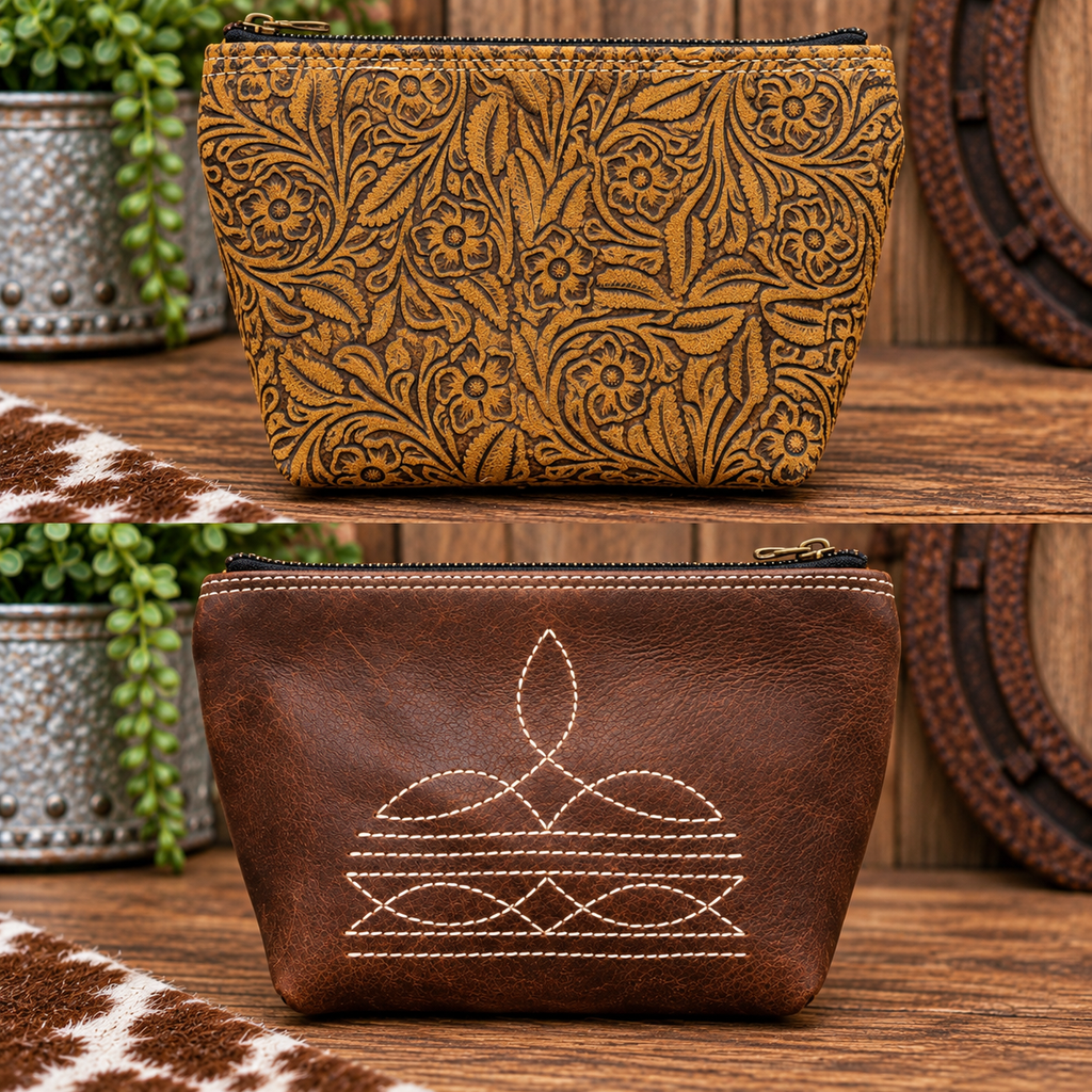 Embossed Suede Boot Stitch Makeup Bag