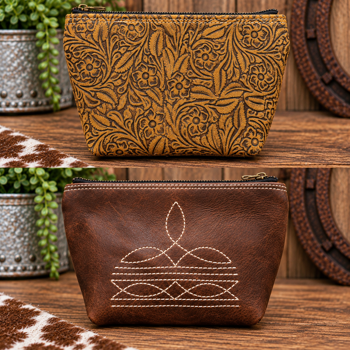 Embossed Suede Boot Stitch Makeup Bag