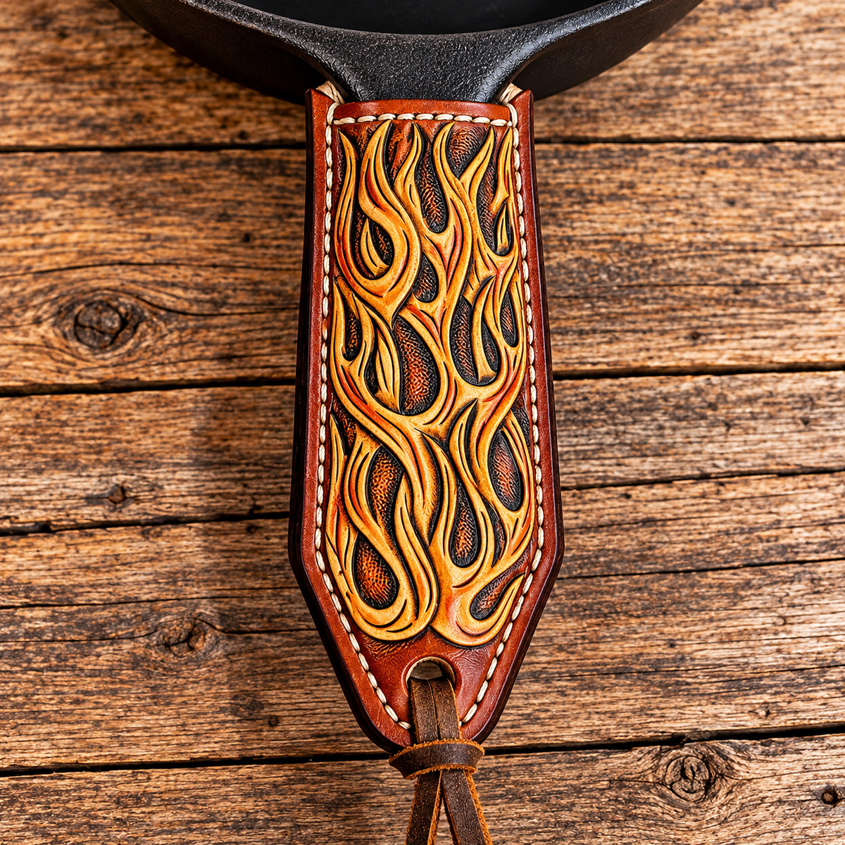 Flames - Hand Tooled Leather Cast Iron Pan Holder
