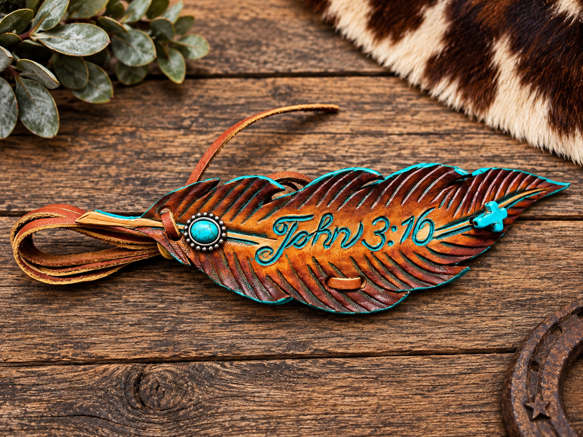 John 3:16 - Tooled Leather Feather Hatband Wrap