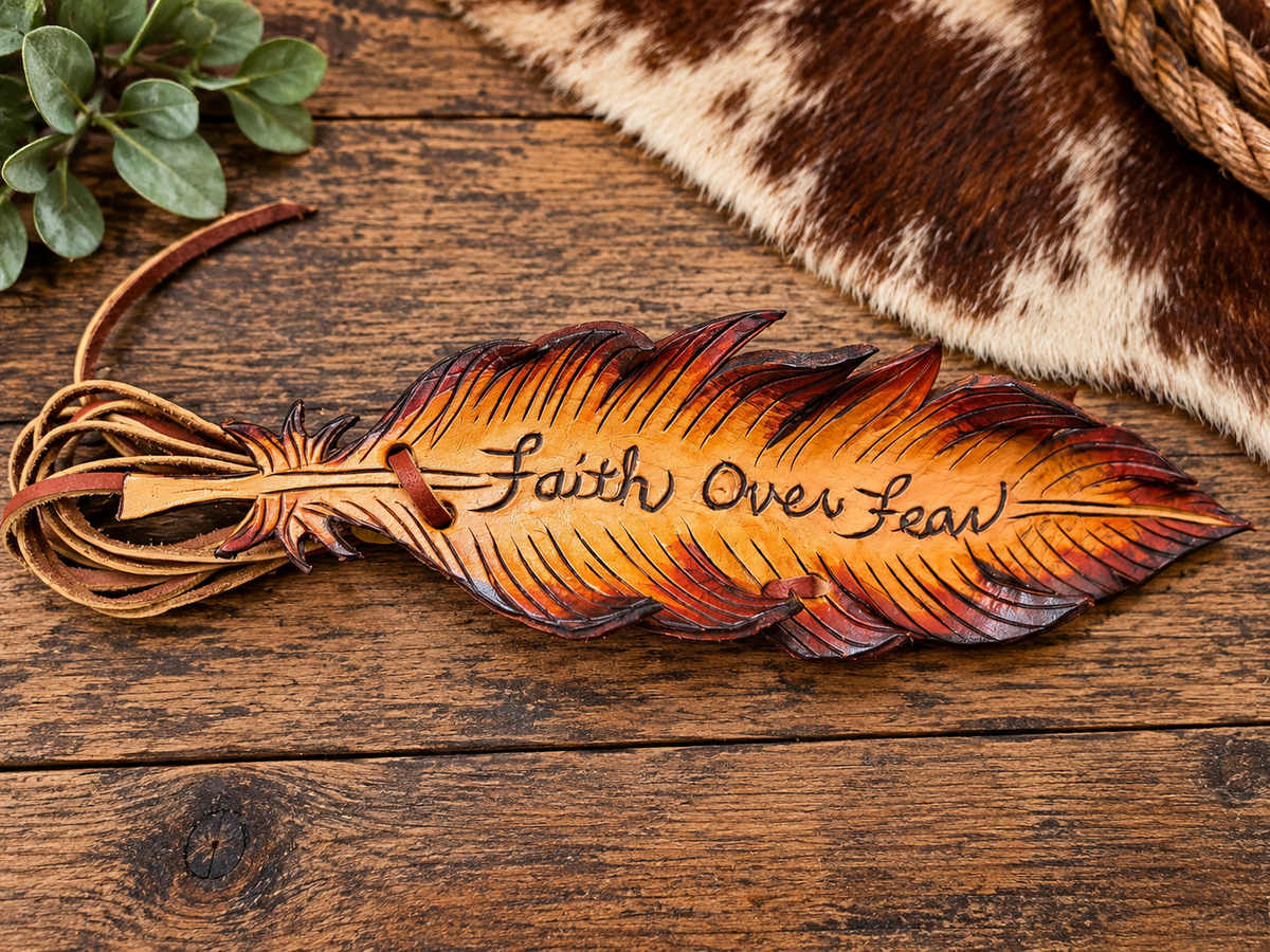 Faith Over Fear - Tooled Leather Feather Hatband Wrap