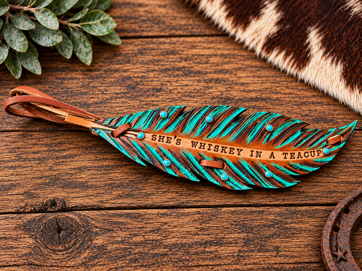 She's Whiskey In A Teacup - Tooled Leather Feather Hatband Wrap