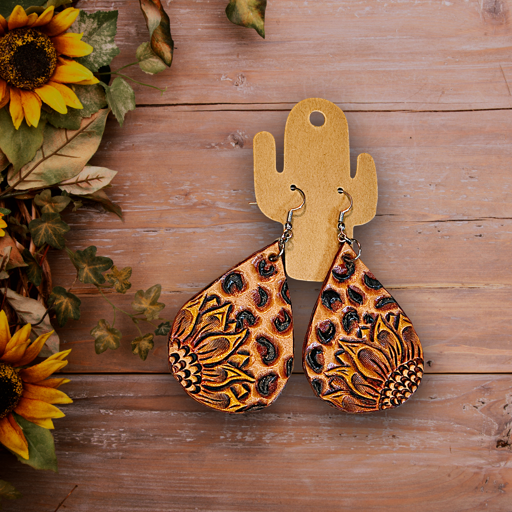Sunflower & Leopard- Tooled Leather Earrings