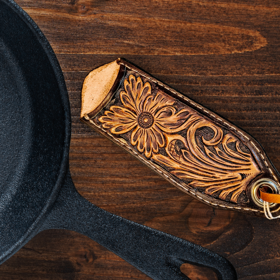 Tooled Leather Cast Iron Pan Holder