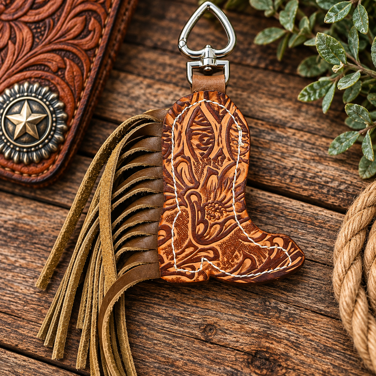 Floral Embossed & Boot Stitched Fringe - Purse Charm