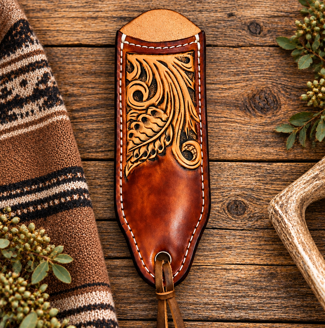 Leaf & Scrolls - Hand Tooled Leather Cast Iron Pan Holder
