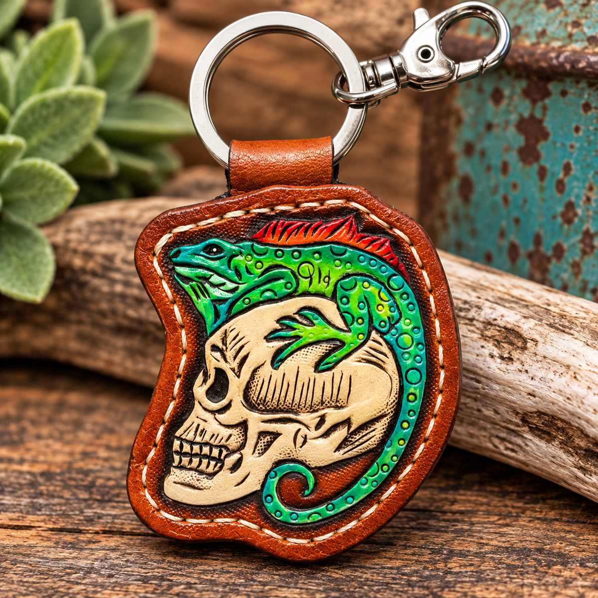 Iguana Skull - Tooled Leather Keychain