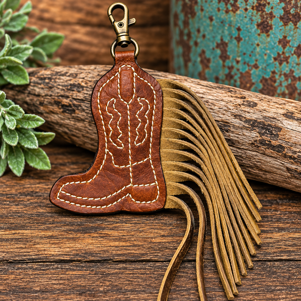 Turquoise/Bronze Aztec Boot Stitched Fringe - Purse Charm