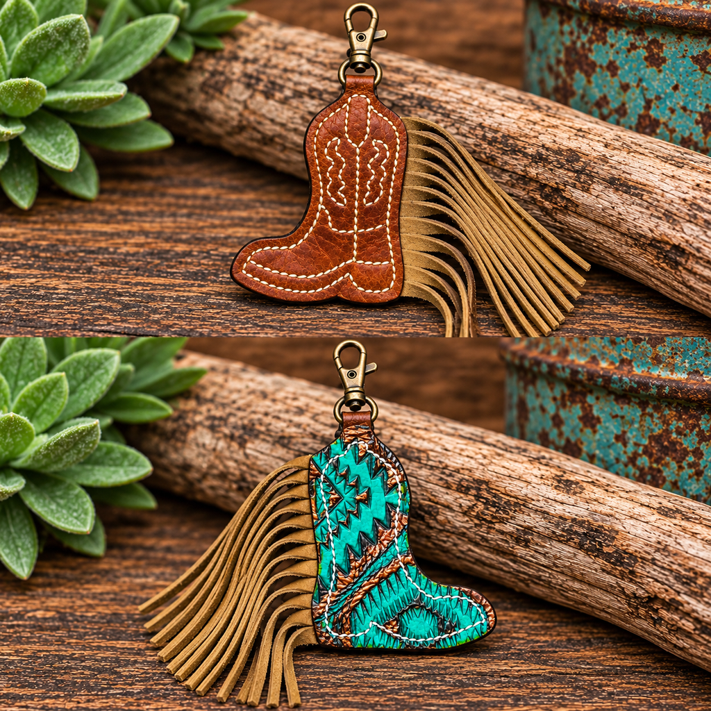 Turquoise/Bronze Aztec Boot Stitched Fringe - Purse Charm