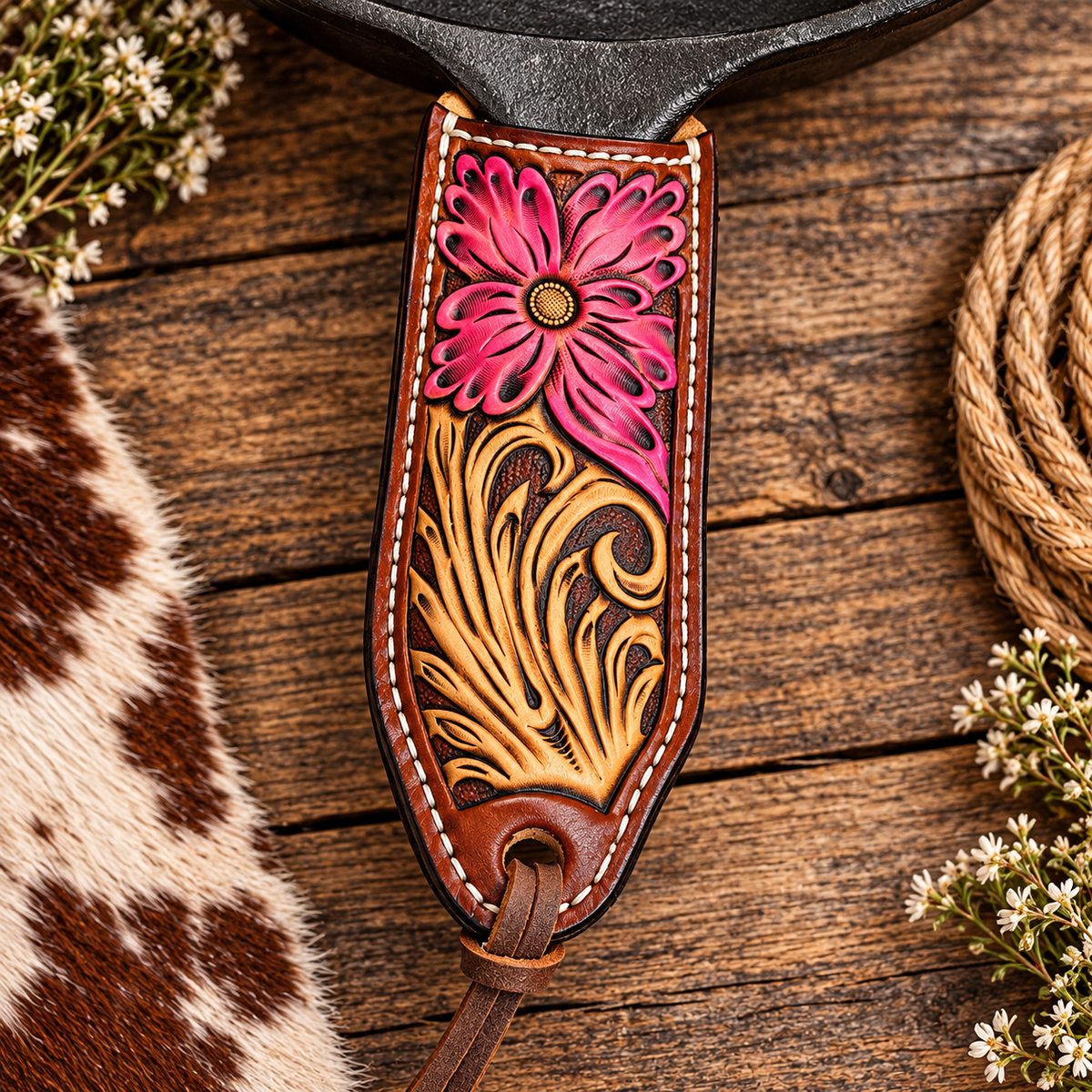 Pink Floral Tooled Leather - Cast Iron Pan Holder