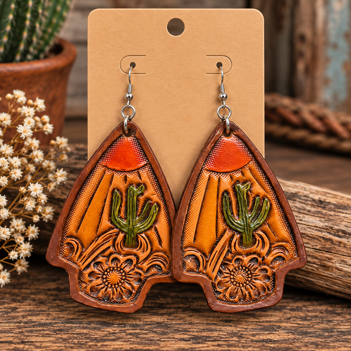 Cactus Flower - Hand Tooled Leather Earrings