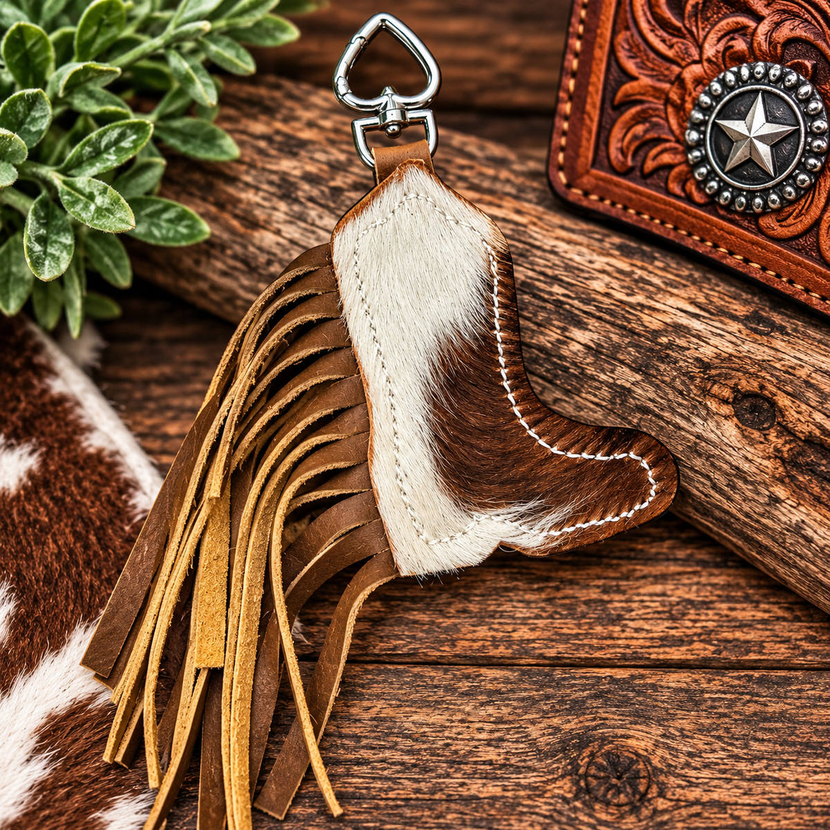 Tri Color Hair on Hide/Boot Stitched Cowboy Boot - Purse Charm