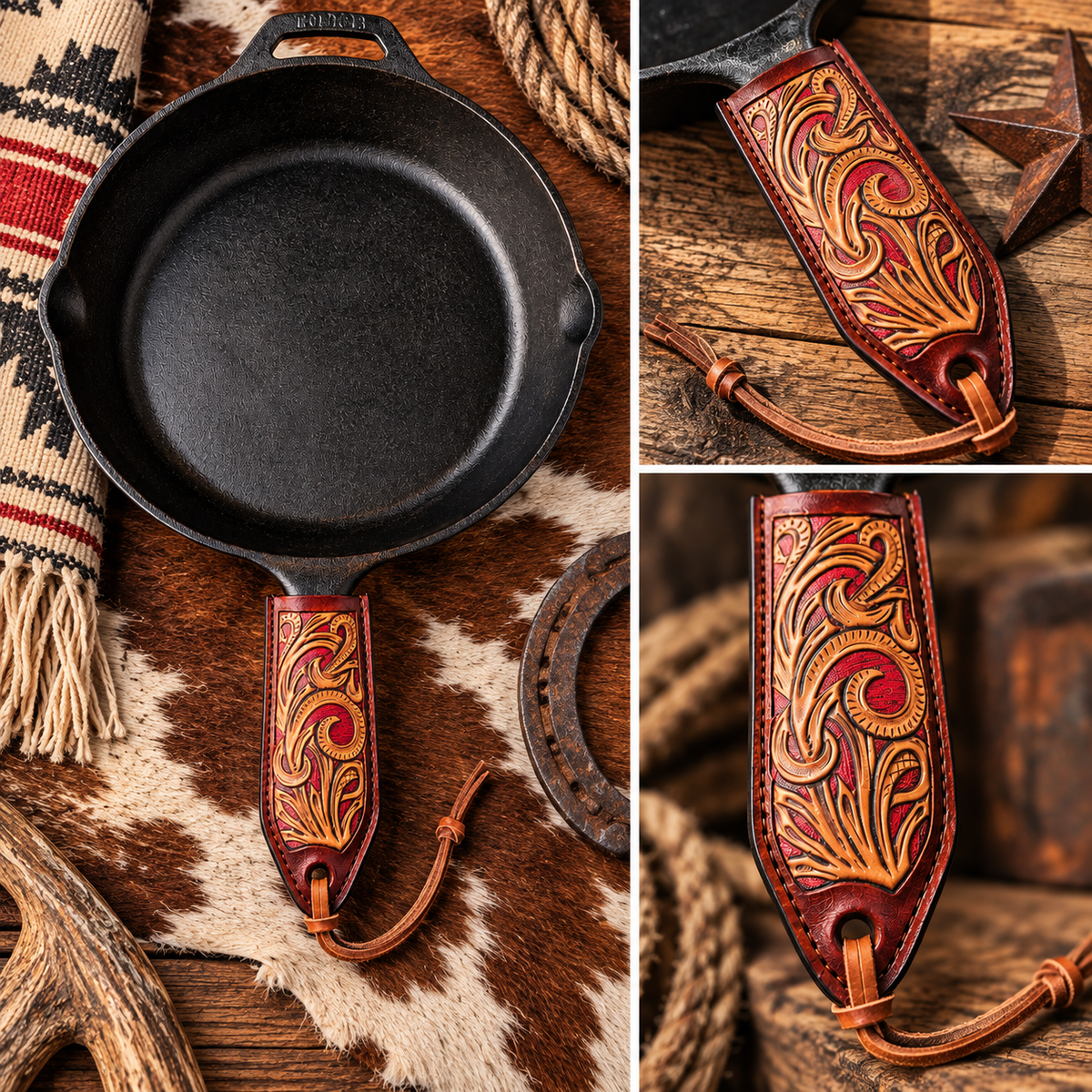 Hot Pink Tooled Leather Cast Iron Pan Holder
