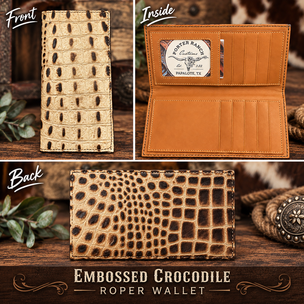 Cream Colored Embossed Crocodile Cowhide - Roper Wallet