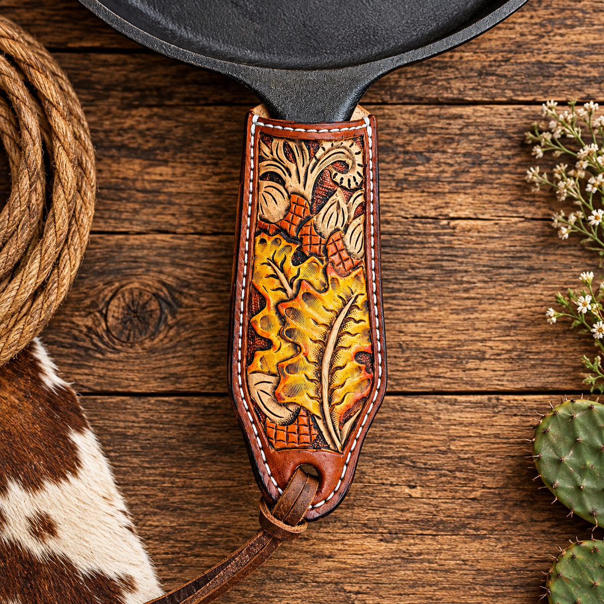 Live Oak - Hand Tooled Leather Cast Iron Pan Holder