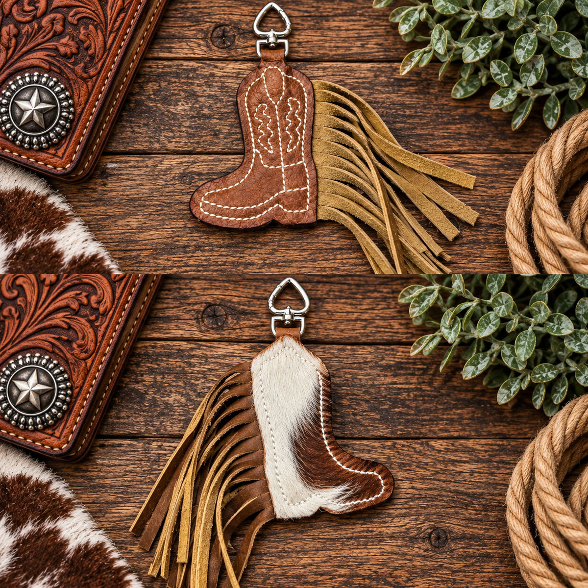 Tri Color Hair on Hide/Boot Stitched Cowboy Boot - Purse Charm