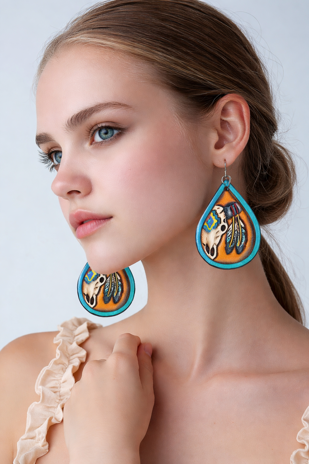 Tooled Cow Skull- Tooled Leather Earrings