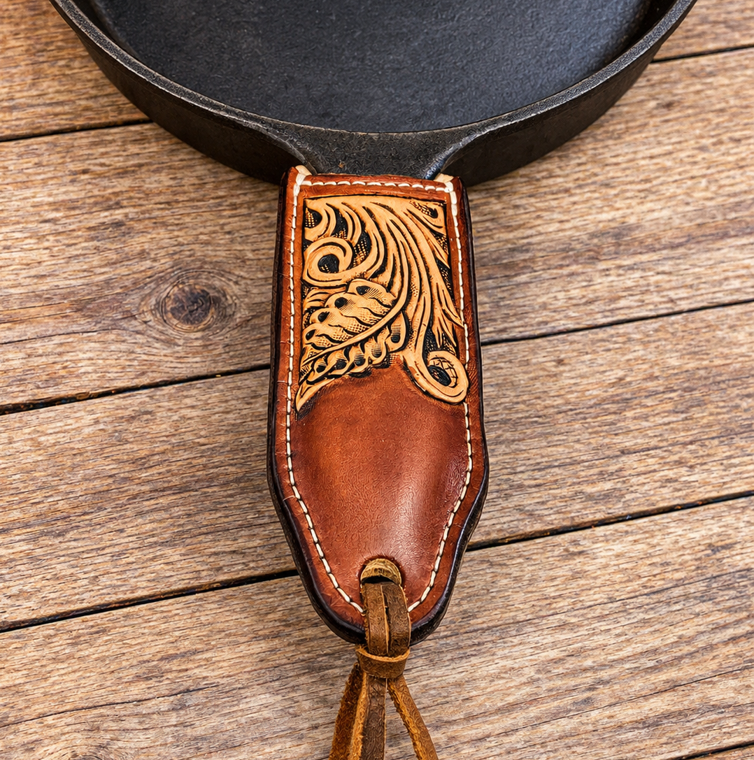 Leaf & Scrolls - Hand Tooled Leather Cast Iron Pan Holder