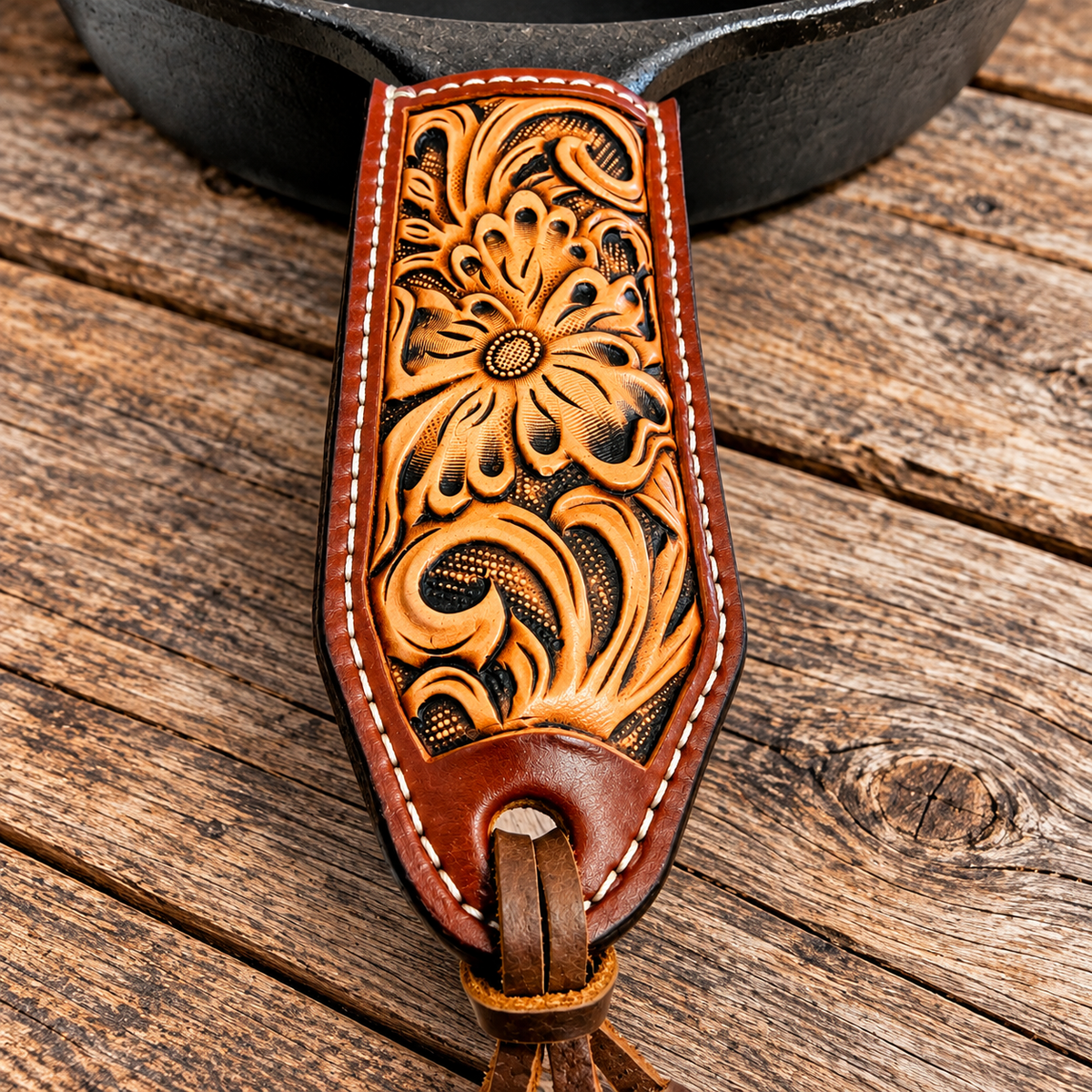 Traditional Western Floral - Hand Tooled Leather Cast Iron Pan Holder