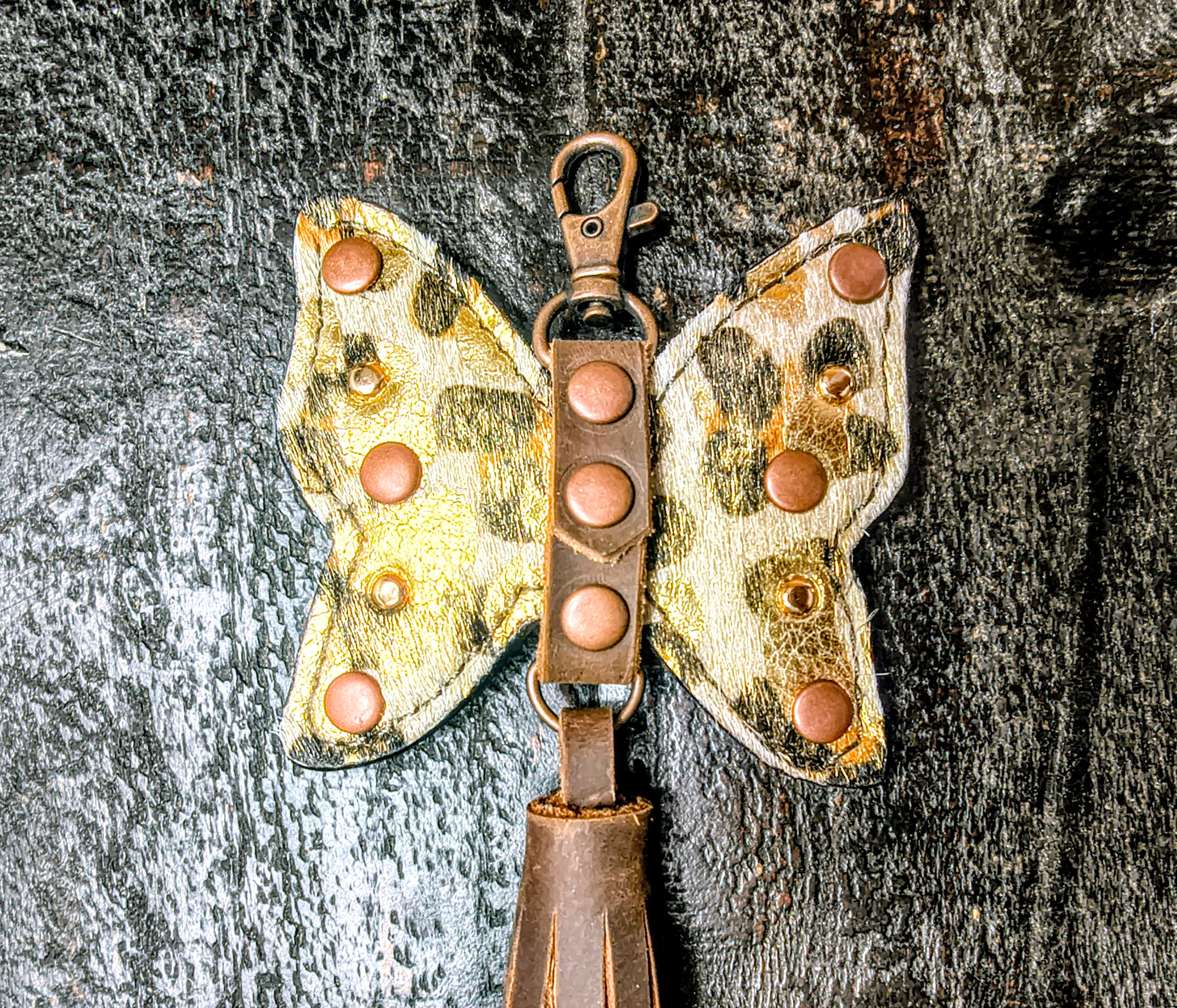 Butterfly Purse Charm - Acid Wash Metallic Cheetah Hair on Hide (Version 2)