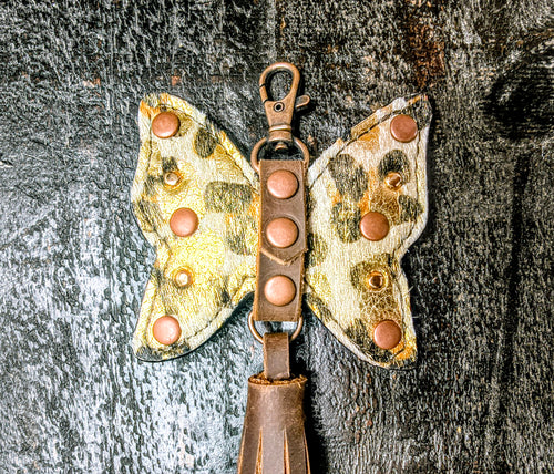 Butterfly Purse Charm - Acid Wash Metallic Cheetah Hair on Hide (Version 2)