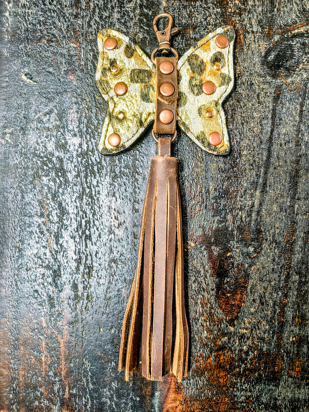 Butterfly Purse Charm - Acid Wash Metallic Cheetah Hair on Hide (Version 2)