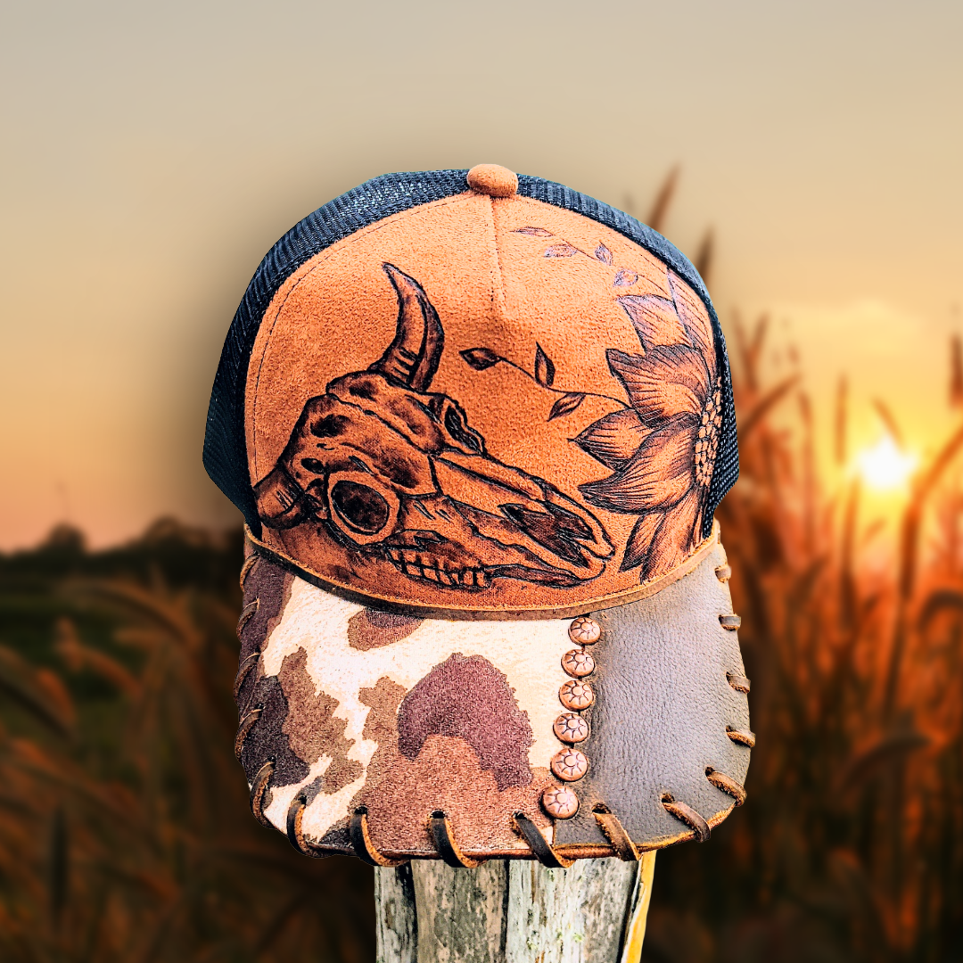 Custom Hand burned Vegan Suede Trucker Hat