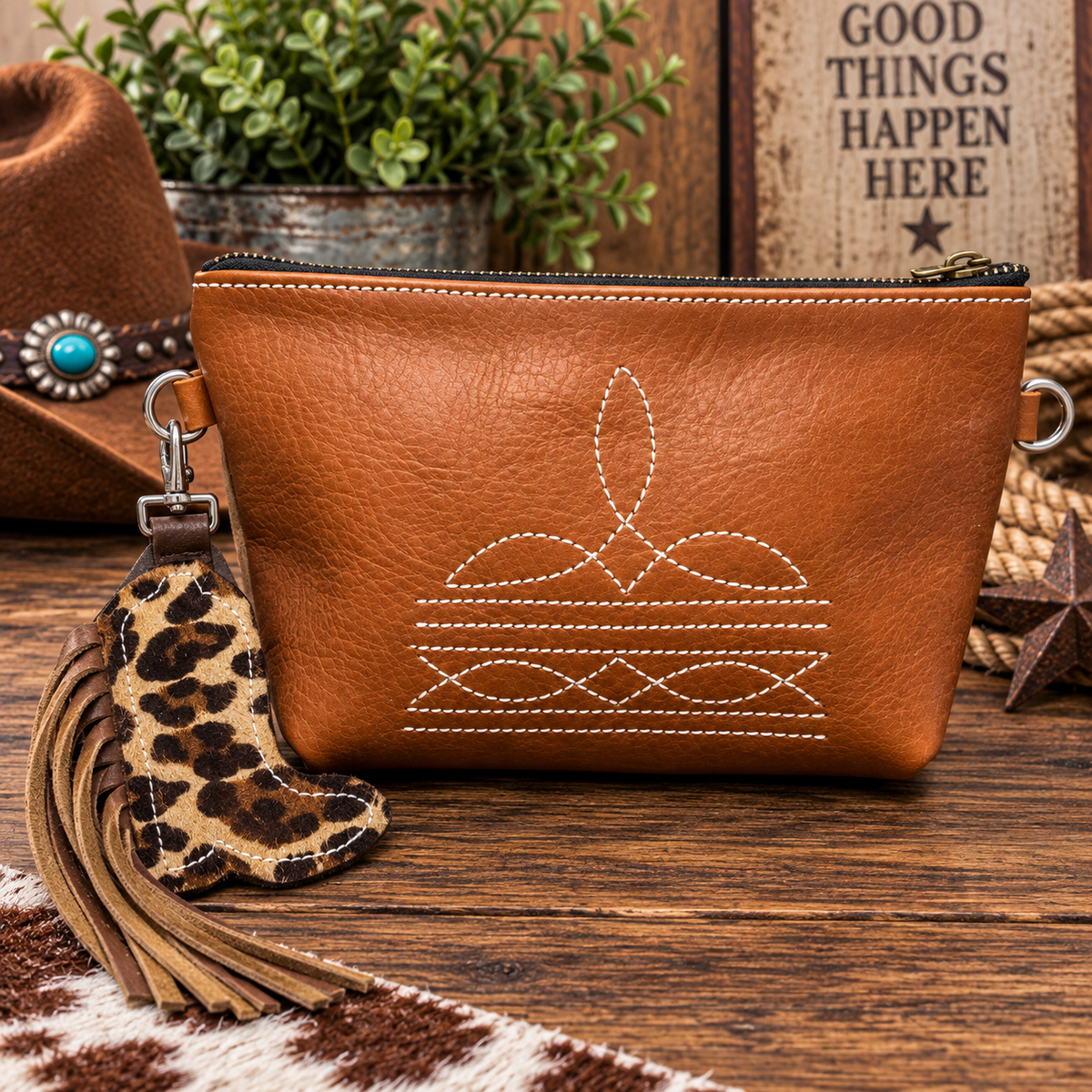 Wild West Leopard Leather Wristlet