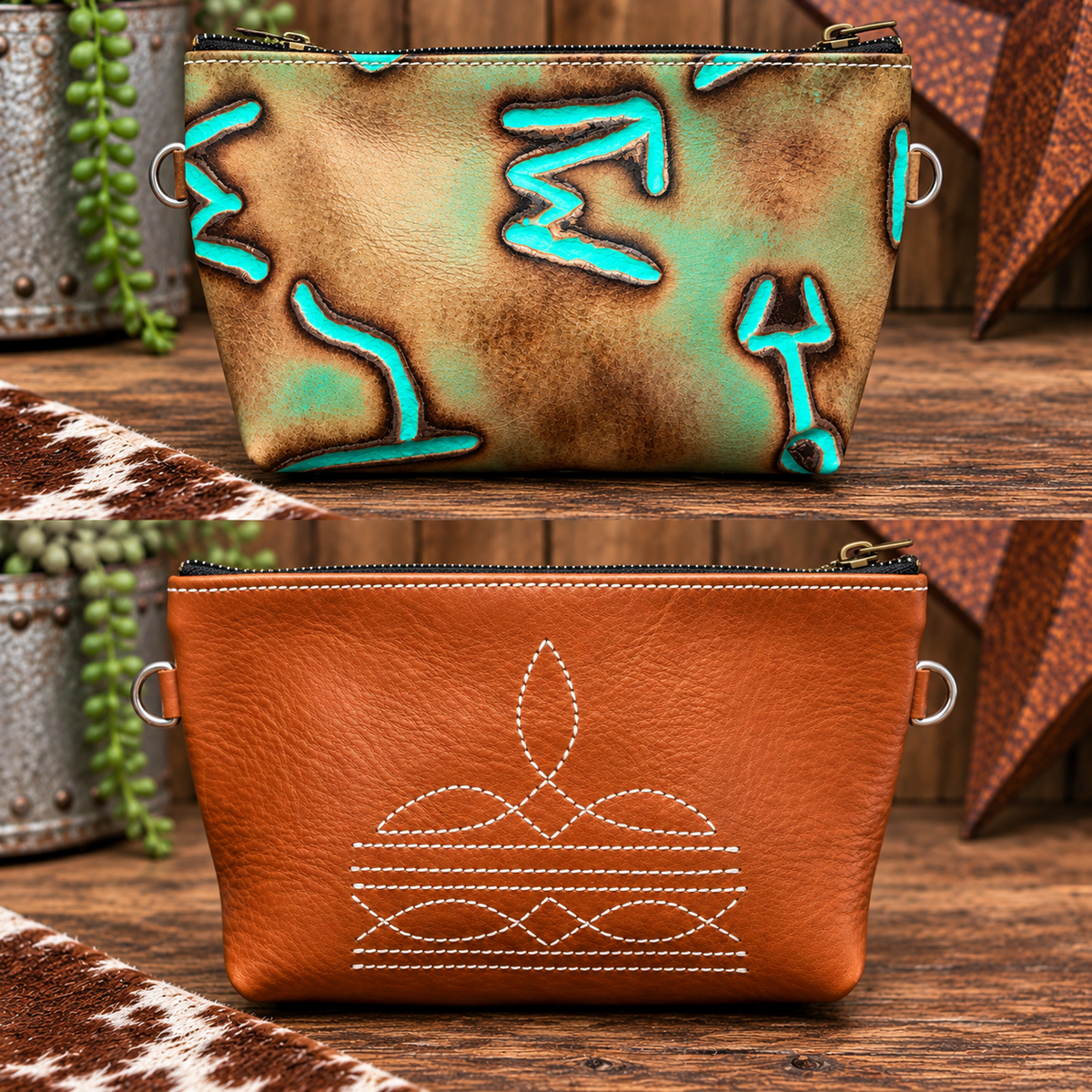 Metallic Turquoise and Silver Cattle Brand and Boot Stitch Wristlet