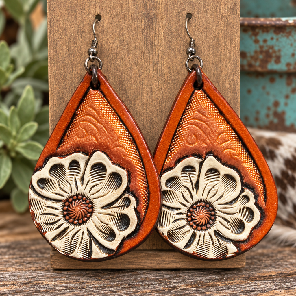 Bronze Cowgirl - Tooled Leather Earrings