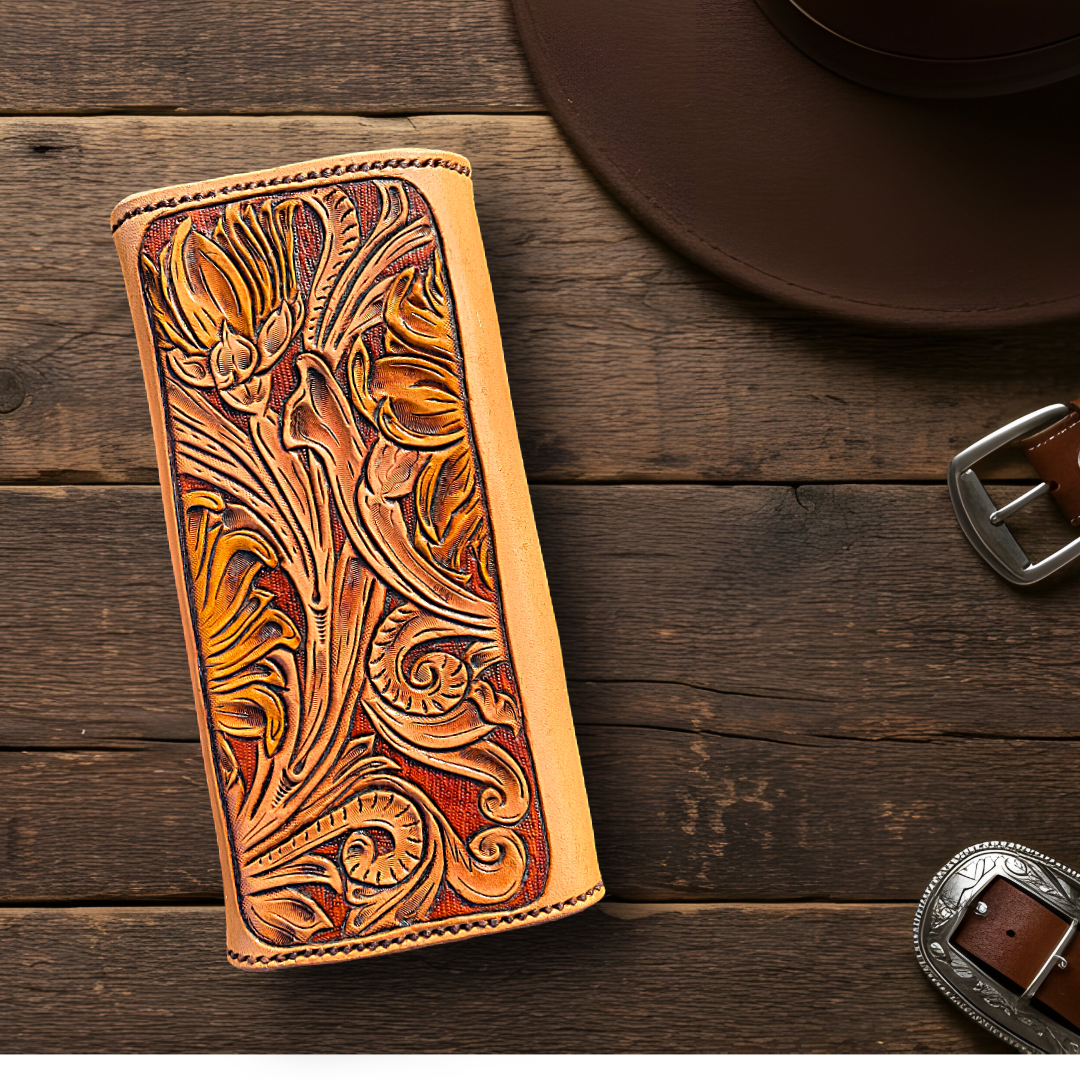 Sunflower Tooled Leather Clutch Wallet