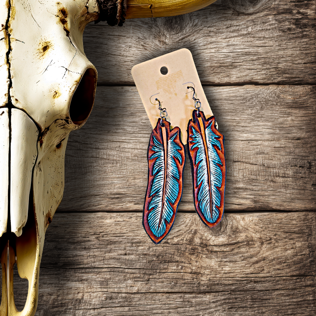 Tooled Turquoise Feather Earrings