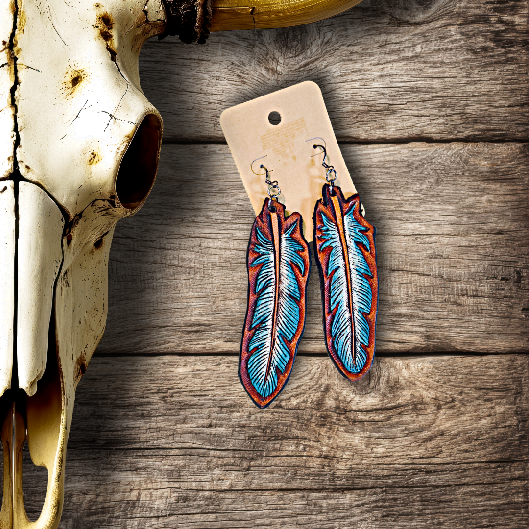 Tooled Turquoise Feather Earrings