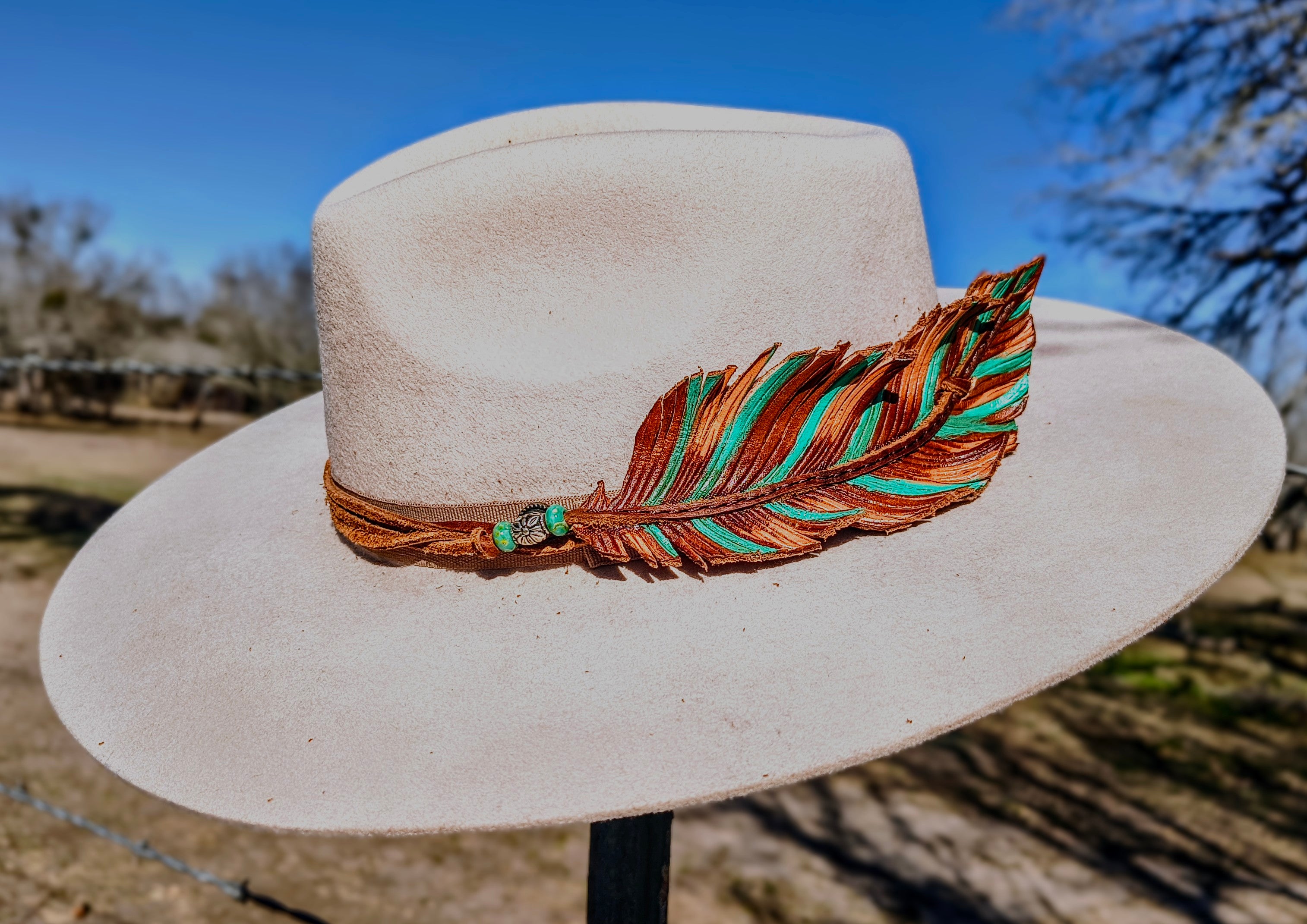 Tooled Leather Feather Hatband Wrap